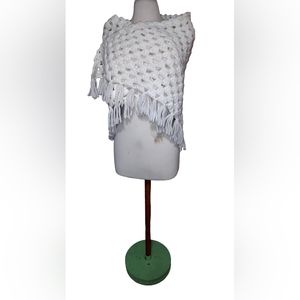 Ivory Knit Crochet Shawl Chunky Fringe Coverup Granny Chic Cottagecore M…
